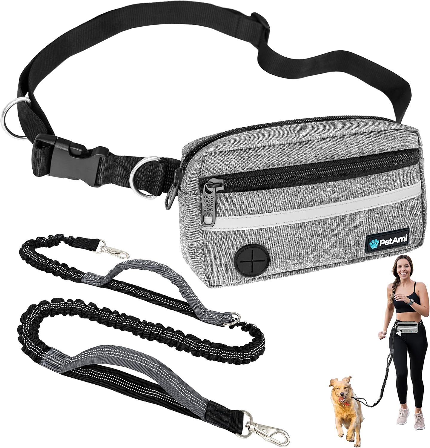 PetAmi Hands Free Dog Leash, Running Leash Belt Walking, Jogging, Waist Zipper Pouch with Poop Bag Dispenser, Dual Padded Handles, Reflective Durable Bungee Single, Heather Grey, 1 Leash