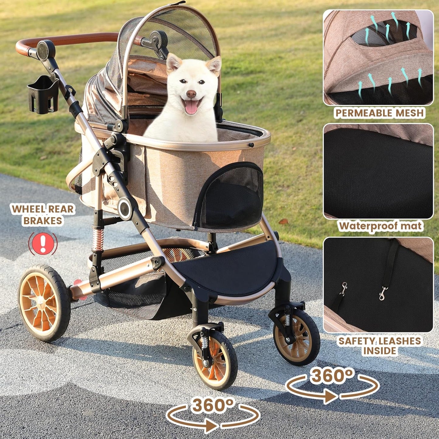 Pet Stroller with 4 Wheels, Foldable Pet Travel Carrier for Small/Medium Dogs Cats up to 50lbs, Detachble Portable Pet Bag, Storage Basket, Car Seat 3 in 1 Multifunctional (Tan)