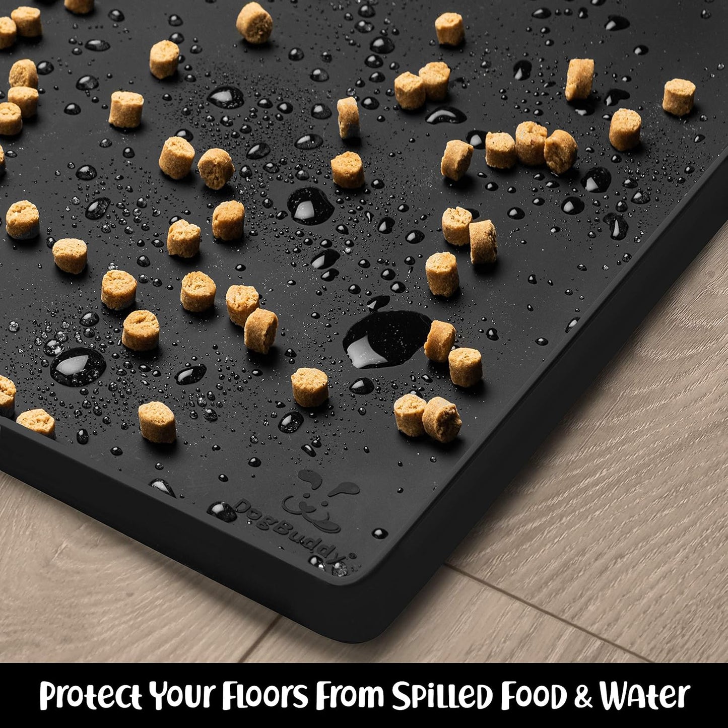 DogBuddy Dog Food Mat – Waterproof Dog Bowl Mat for Food and Water, Silicone Pet Feeding Mats for Floors, Non-Slip Placemat with High Edges for Dogs Bowls, Puppy Essentials (M: 21” x 14”, Black)