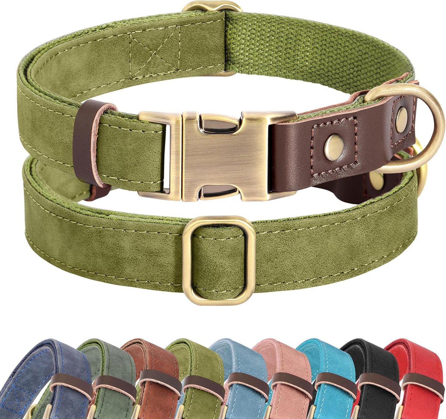 Didog Soft PU Leather Dog Collars for Small Dogs,Classic Adjustable Dog Collars with Quick Release Metal Buckle,Easy Clean and Comfortable with Nylon Lining,Olive Green,S Neck 10-15"