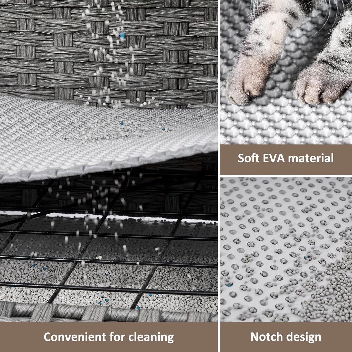 Cat Litter Box Enclosure with Soft Litter Mat; Hidden Kitten Washroom Furniture with Door; Handwoven Rattan Cat House with Large Space; Pet Crate for Living Room, Bedroom, Balcony (Grey)