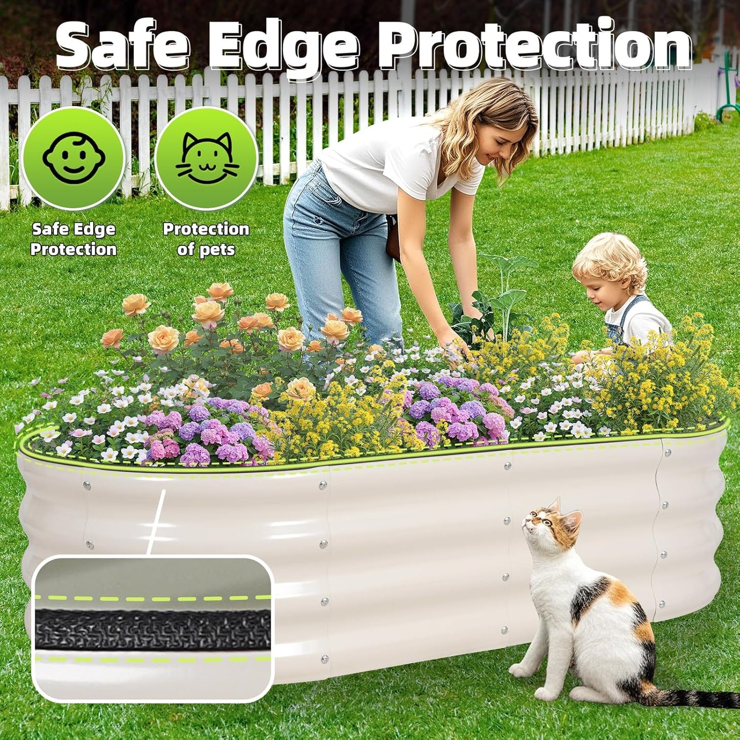 G GOOD GAIN Galvanized Metal Raised Garden Bed Kit - 4x2x1FT Outdoor Planter Box with Safety Edging and Gloves for Vegetables, Fruits, Flowers(White, 2PC)