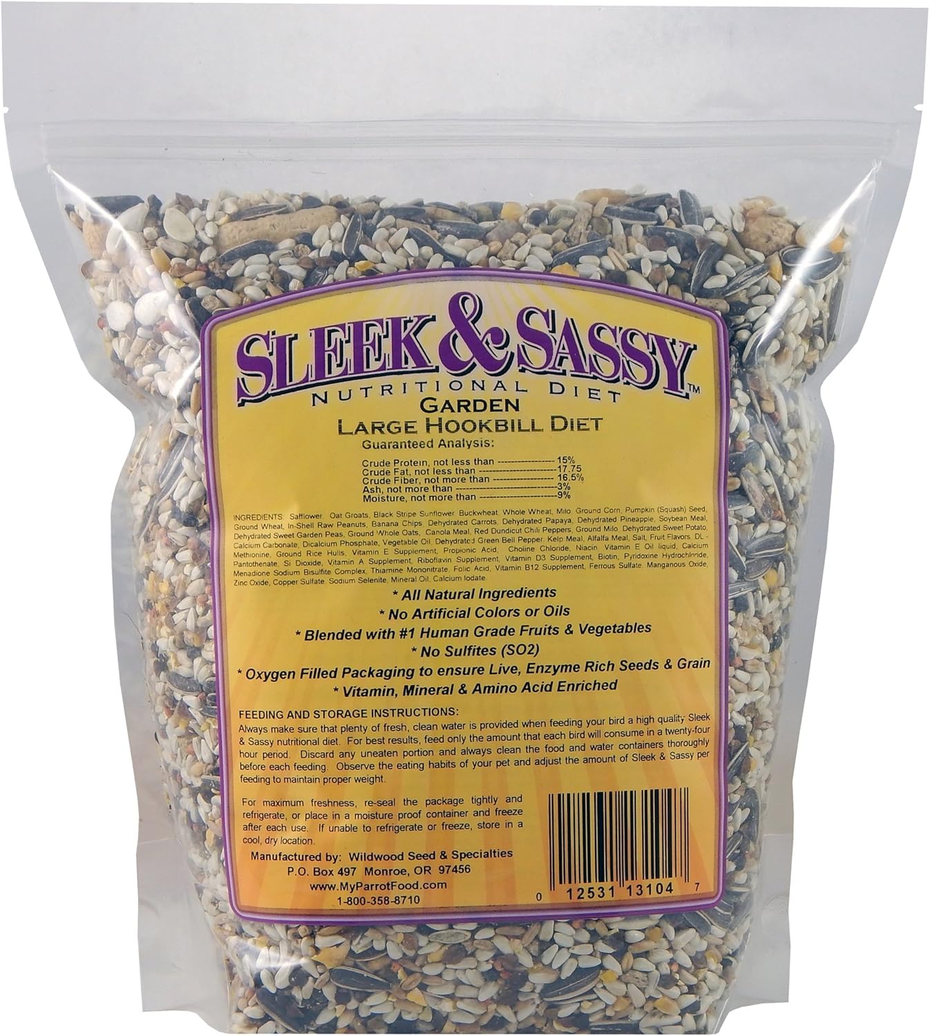 SLEEK & SASSY Garden Large Hookbill Parrot Food for Large Conures, Amazons, African Greys, Cockatoos, Pionus-Parrots & Small Macaws (4 lbs.)