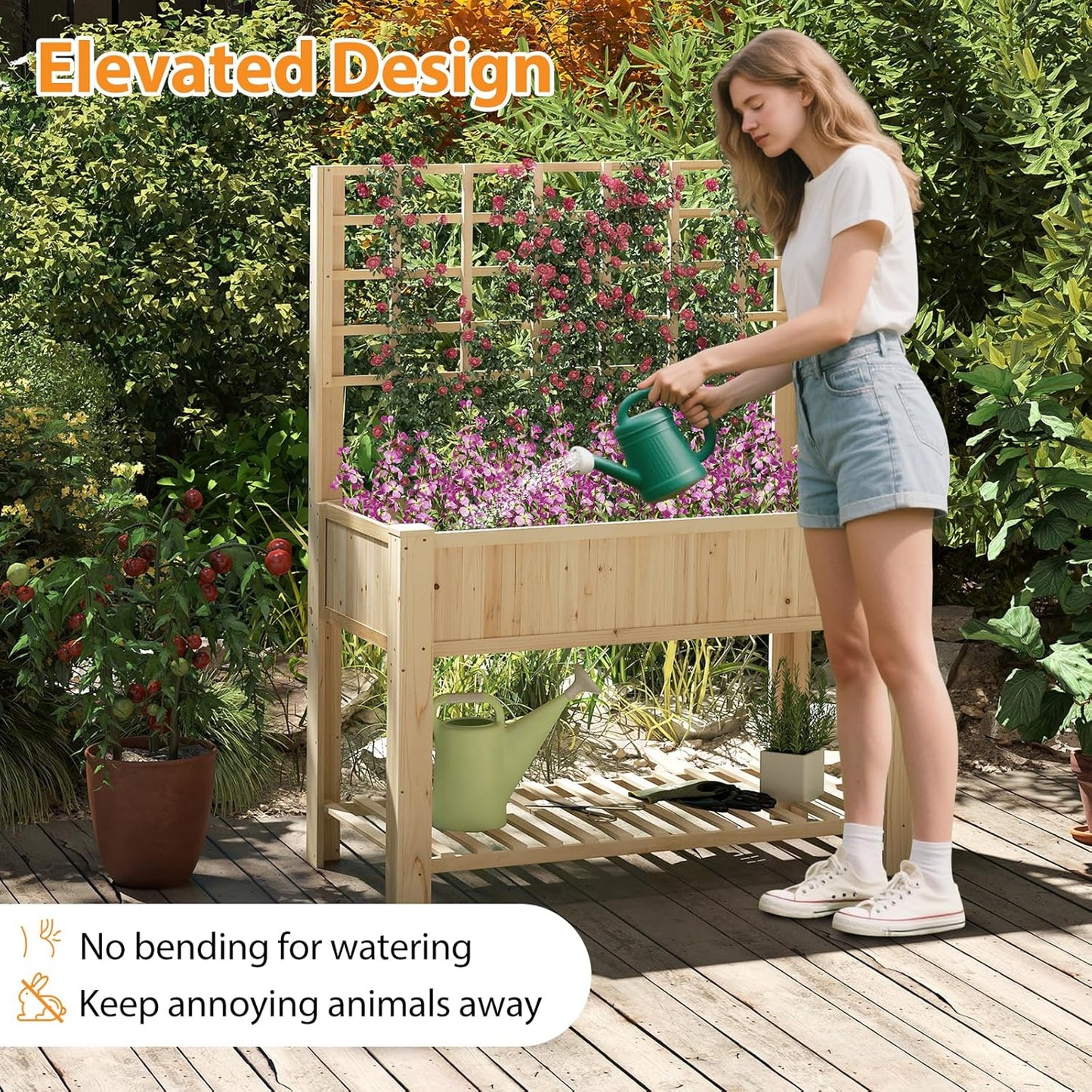 Giantex Raised Garden Bed with Trellis, Wooden Elevated Planter Box with Legs, Drainage Holes for Climbing Plants Vines Vegetables Flowers Herbs, Outdoor Horticulture Planter for Patio Yard