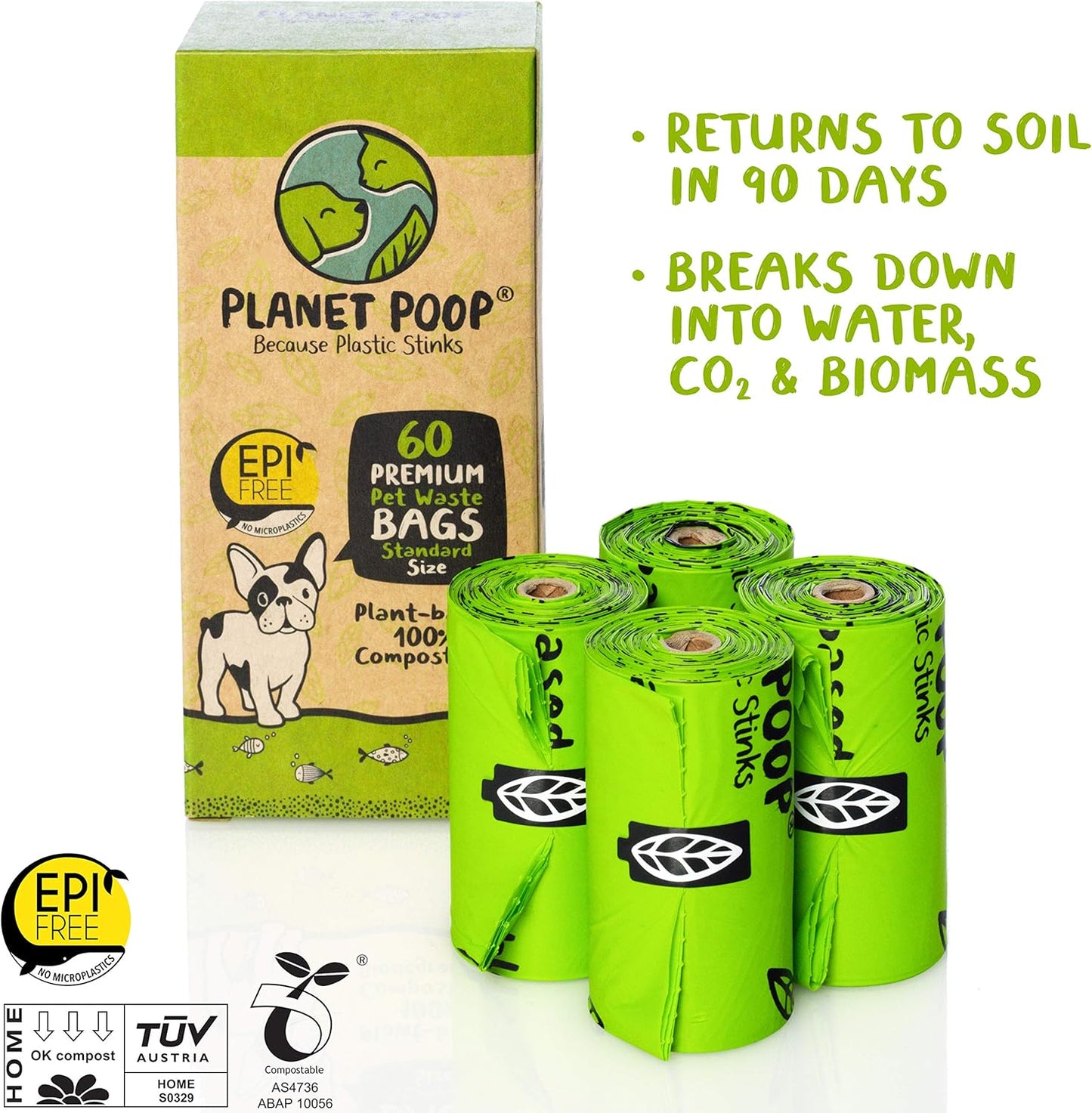 PLANET POOP Home Compostable Dog Poop Bags on Refill Rolls, 60 Un-Scented Pet Waste Bags, Thick Leakproof Plant-Based Doggy Bag, Cat & Dogs Supplies