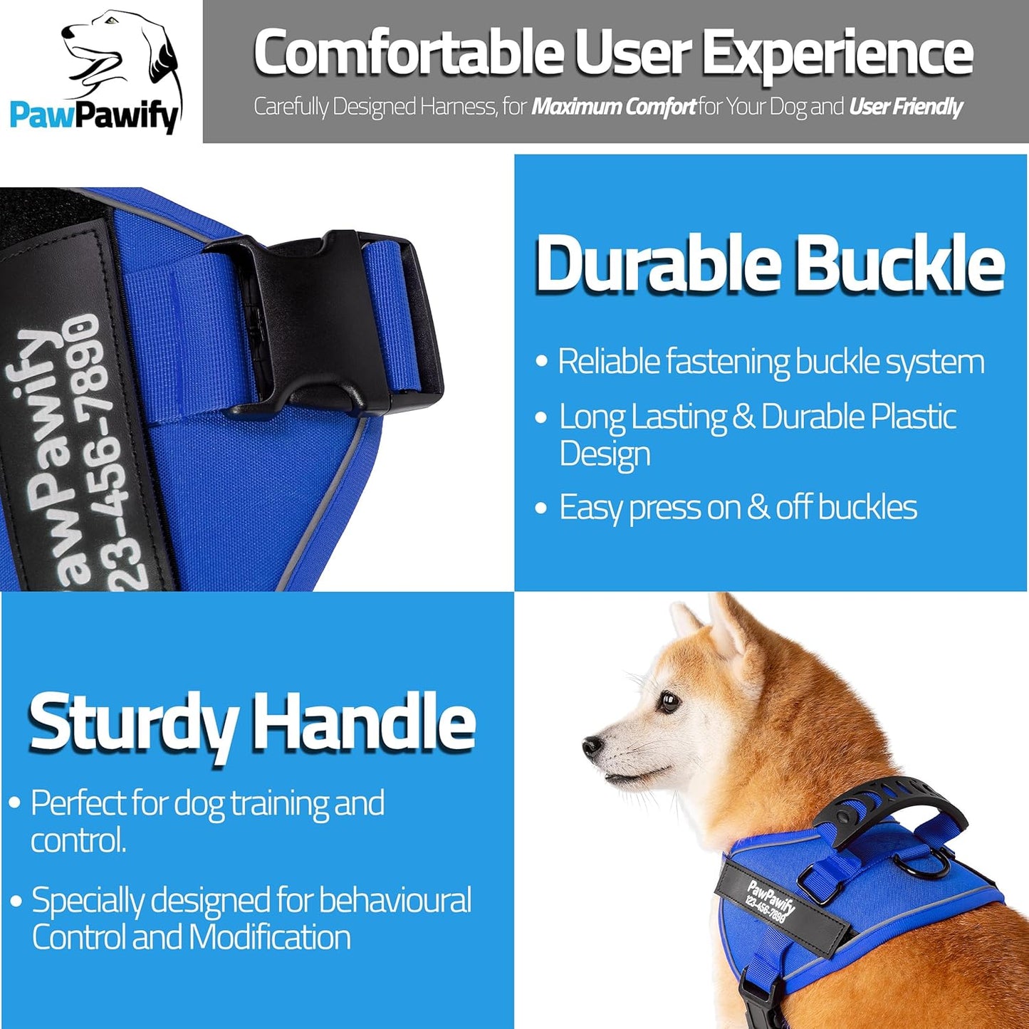 PawPawify Custom No Pull Dog Harness with Name and Phone Number, Heavy Duty Personalized Pet Vest to Prevent Tugging, Pulling, or Choking, Training and Walking (New Blue, M (20-40 LBS))