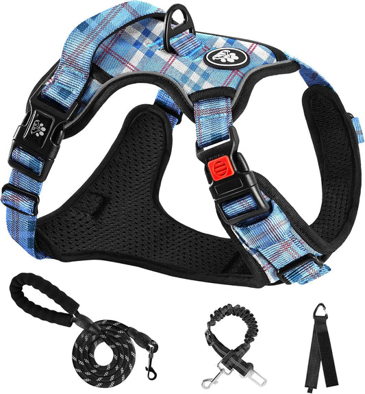 NESTROAD No Pull Dog Harness with Leash, Reflective No Choke Pet Vest Harness,Adjustable Soft Padded Dog Harness with Easy Control Handle for Medium Dogs(Checkered Blue,Medium)
