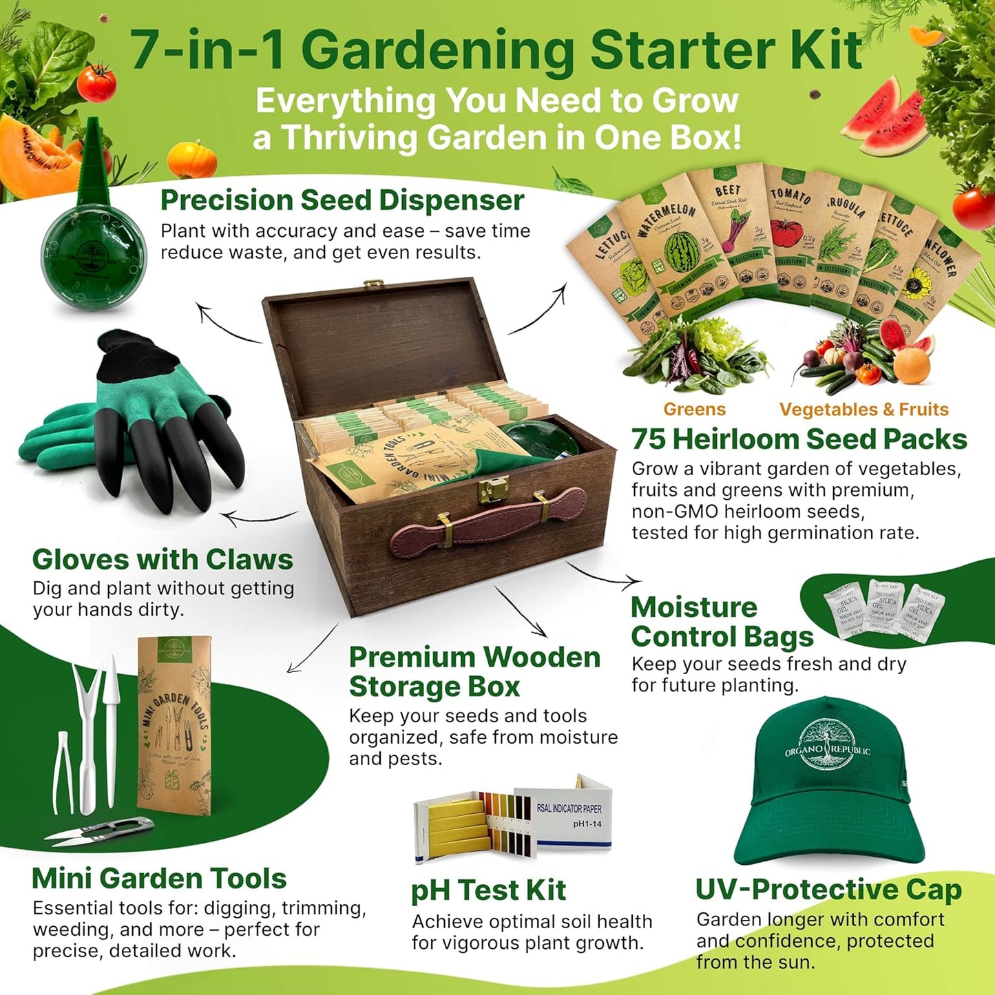 75 Vegetable & Greens Seeds Variety Pack, Garden Seed Starter Kit - Over 44,700 Non-GMO Heirloom Seeds for Planting Vegetables and Greens, Gift Seed Box with Gardening Supplies, Survival Kit