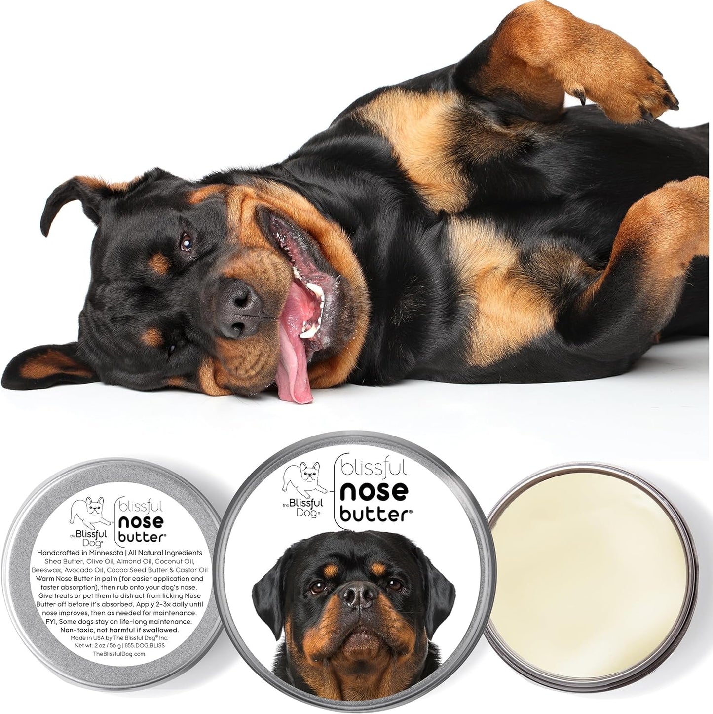 The Blissful Dog Rottweiler Nose Butter for Dry, Cracked Skin, Lick-Safe Dog Nose Balm with Moisturizing Shea Butter, Almond, Olive, and Essential Oils, Pet Supplies, Uncented, 8 oz.
