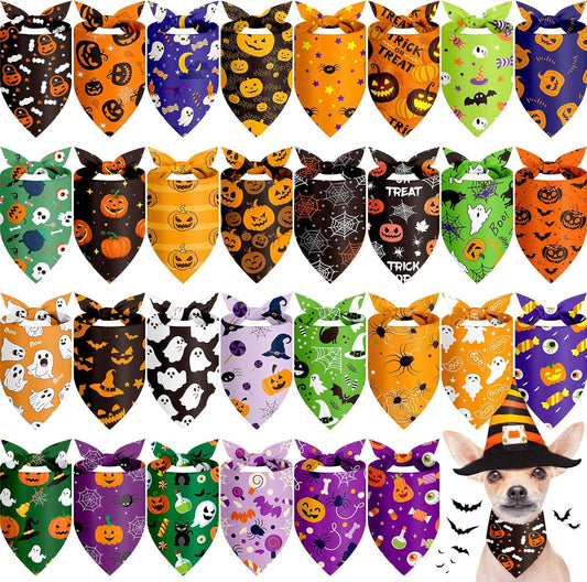 Chunful 30 Pcs Halloween Dog Bandanas Bulk Triangle Bandanas for Dogs Grooming with Pumpkin Ghost Patterns Soft Bibs Adjustable Doggie Scarf for Small Medium Large Pets Costume 25.6 x 17.7 x 17.7 in