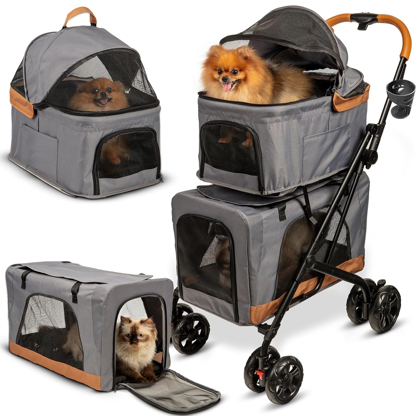 Double Pet Stroller with Detachable Carriers - Ideal for 2 Dogs or Cats - Compact & Convenient Design - Easy Assembly Double Dog Stroller - Graphite Gray