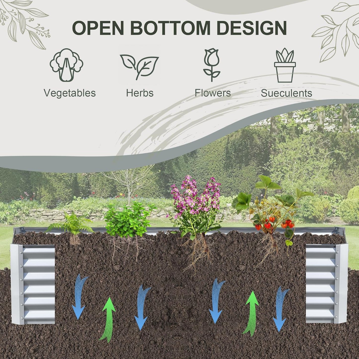 Domi Raised Garden Beds Outdoor, 8x4x1.5Ft Thickening Tall Metal Rectangular Deep Root Box Planter for Vegetables, Flowers, Herbs, and Succulents 1.5" Deep w/ 342 Gallon Capacity - Silvery