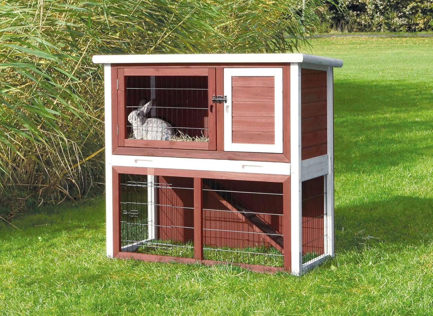 TRIXIE natura Outdoor Rabbit Hutch with Run - 2-Story Rabbit Cage with Non-Slip Ramp - Medium Elevated Small Animal House with Secure Playpen, Hinged Roof & Pull-Out Tray - in Auburn/White
