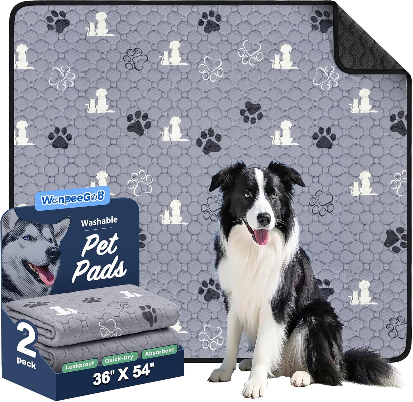 Washable Pee Pads, Puppy Pee Pad for Dogs, 2 Pack Absorbent Reusable Training Dog Pads Pet Puppy Pads, Non-Slip Potty Pads for Whelping, Playpen, Crate, Bed, Grey 36"x54"
