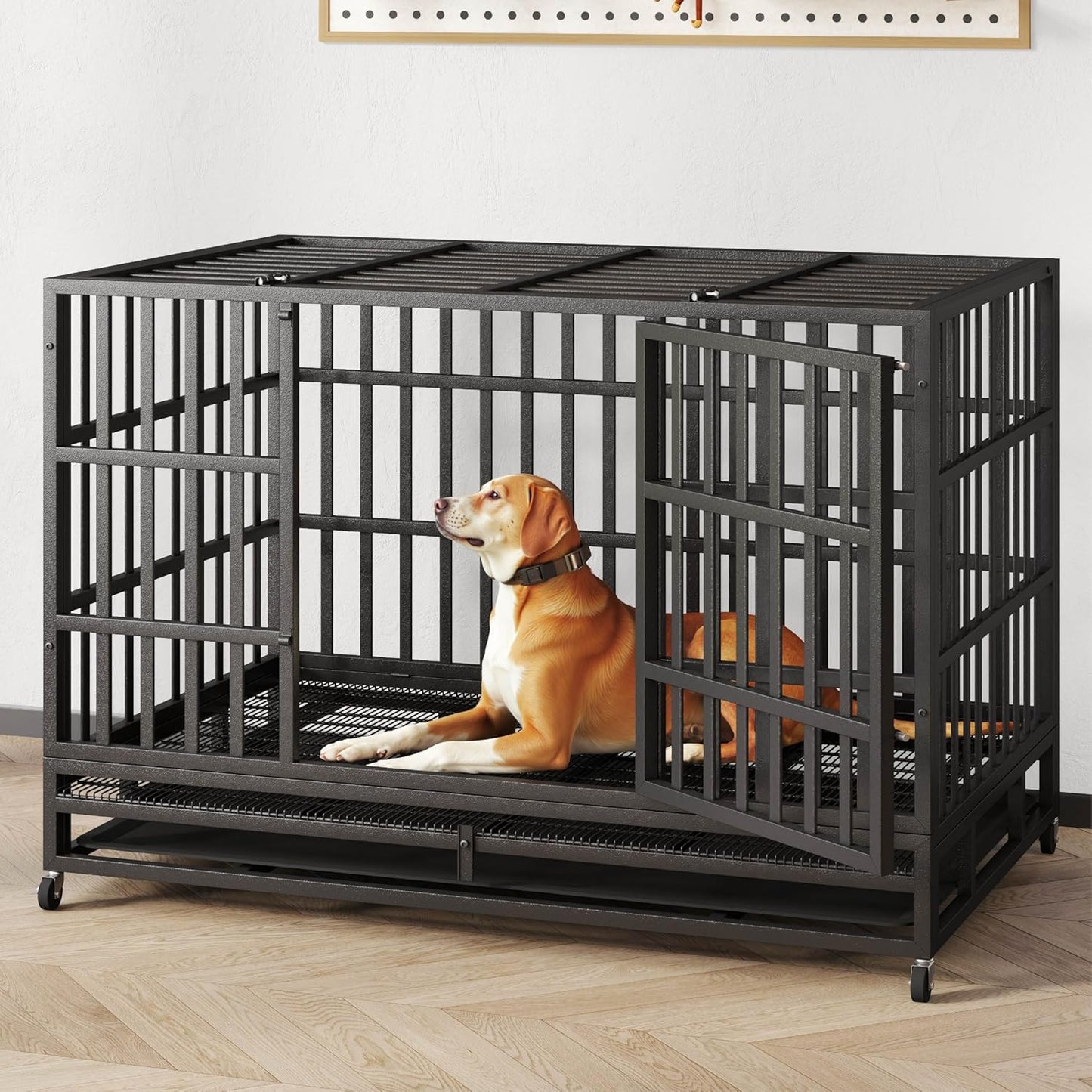48/42/38 Inch Heavy Duty Indestructible Dog Crate,Escape Proof Dog Cage Kennel for Small Medium Dogs Indoor Double Door Dog Crate with Wheels, Lock& Removable Tray