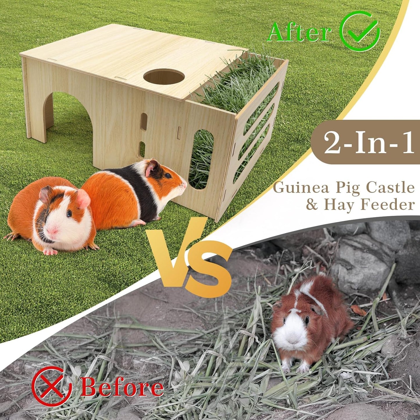 Guinea Pig Hideout Castle with Hay Feeder, Wooden Chinchilla House and Hay Rack, Small Animals Habitats Hut Accessories for Bunny, Rabbit, Hedgehog Playing Hiding, Easy Assembly