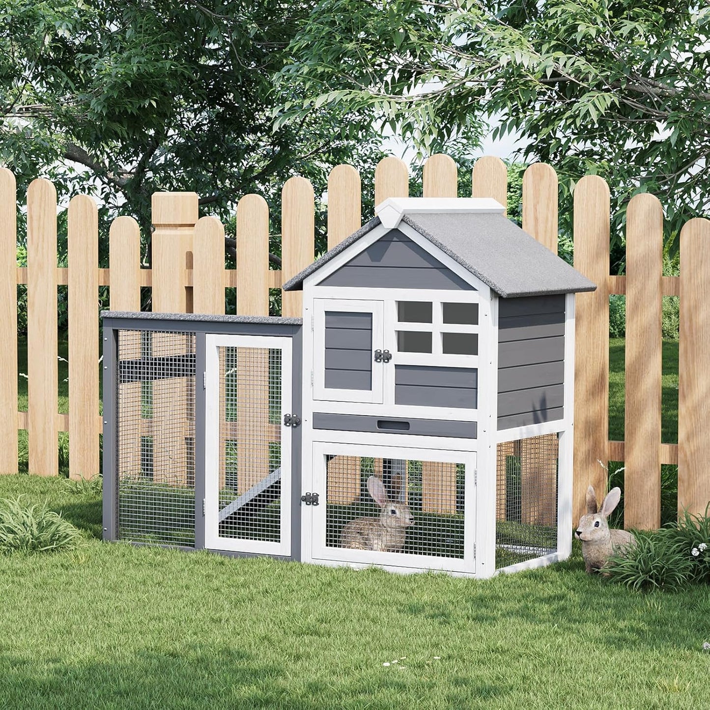 Rabbit Hutch 2-Tier, Small Wooden Chicken Coop for Outdoor Use - Weatherproof Small Animal Hutch with Non-Slip Ramp, 4 Access Doors & Removable Tray for Rabbits, Guinea Pigs, Ferrets (Indoor/Outdoor)