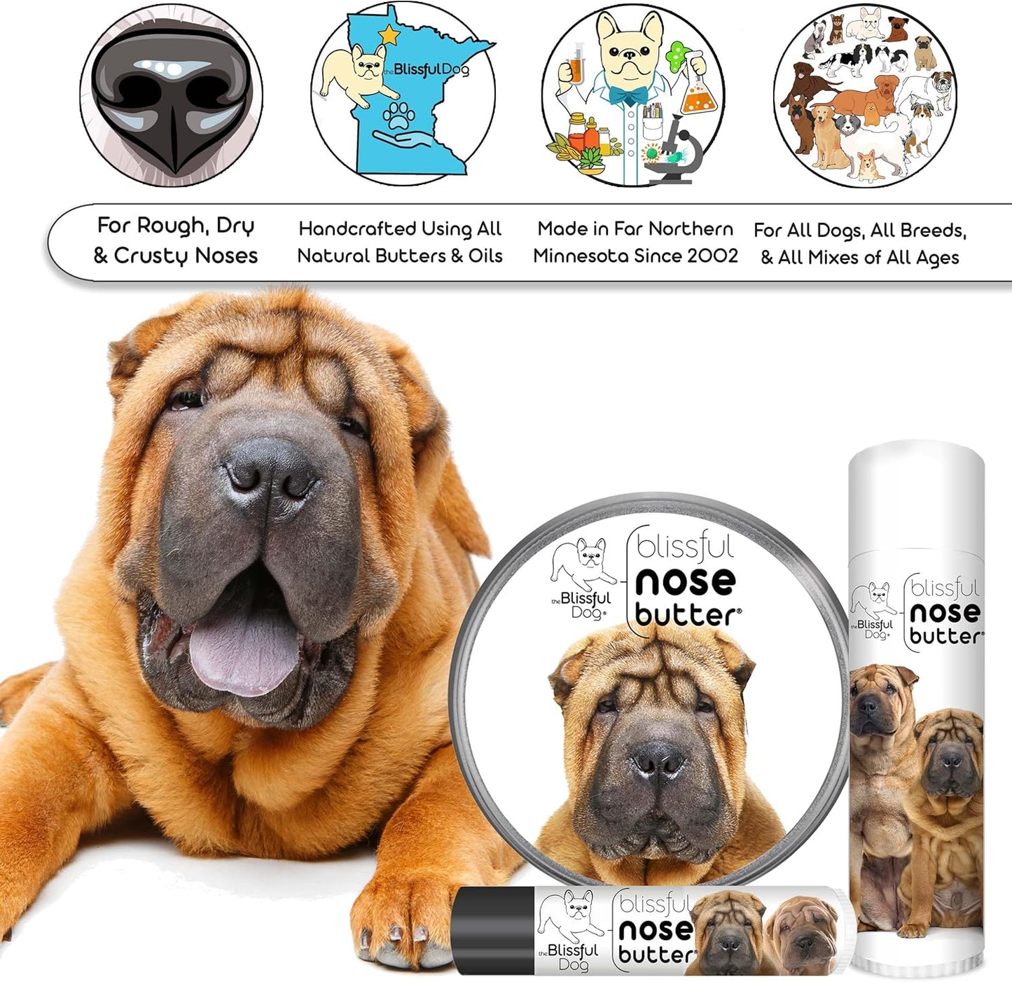 The Blissful Dog Chinese Shar-Pei Nose Butter for Dry, Cracked Skin, Lick-Safe Dog Nose Balm with Moisturizing Shea Butter, Almond, Olive, and Essential Oils, Pet Supplies, Uncented, 0.15 oz.
