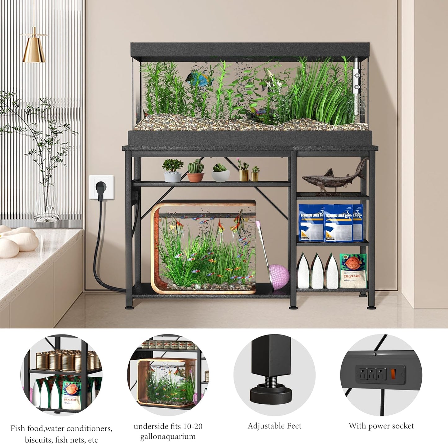30-40 Gallon Aquarium Stand: Heavy Duty With Power Outlets and Cabinet for Tank Accessories Storage - Metal Frame, 1000LBS Capacity, Suitable for Fish & Reptile Terrariums
