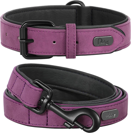 Didog Soft Padded Leather Dog Collar and Leash Set, Heavy Duty Dog Leash and Collar Set with Metal Buckle, Breathable Dog Collars with 4FT Leather Dog Leash for Small Medium Large Dogs, Purple, XL