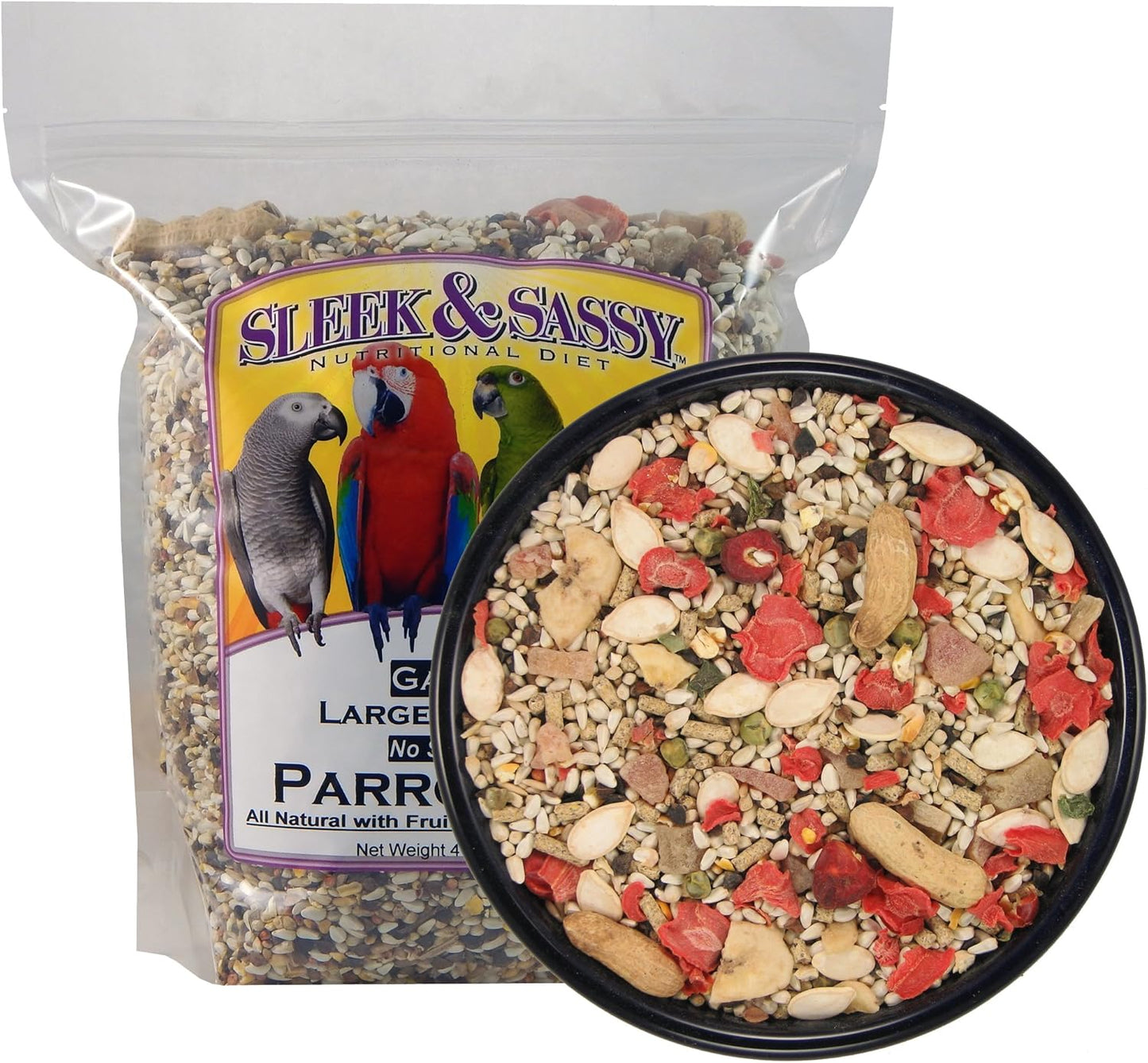 SLEEK & SASSY Garden Large Hookbill No Sunflower Parrot Food for Large Conures, Amazons, African Greys, Cockatoos, Pionus-Parrots & Small Macaws (4 lbs.)
