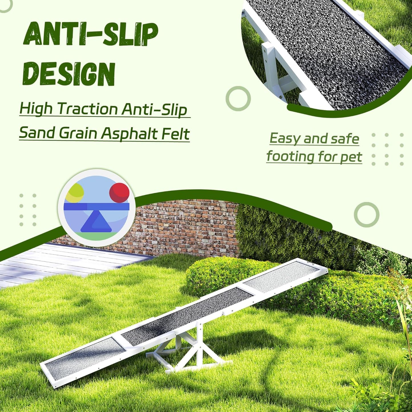 PawHut Wooden Dog Agility Seesaw for Training and Exercise, Platform Equipment Run Game Toy, Weather Resistant Pet Supplies, 83" L x 16" W x 14" H, White