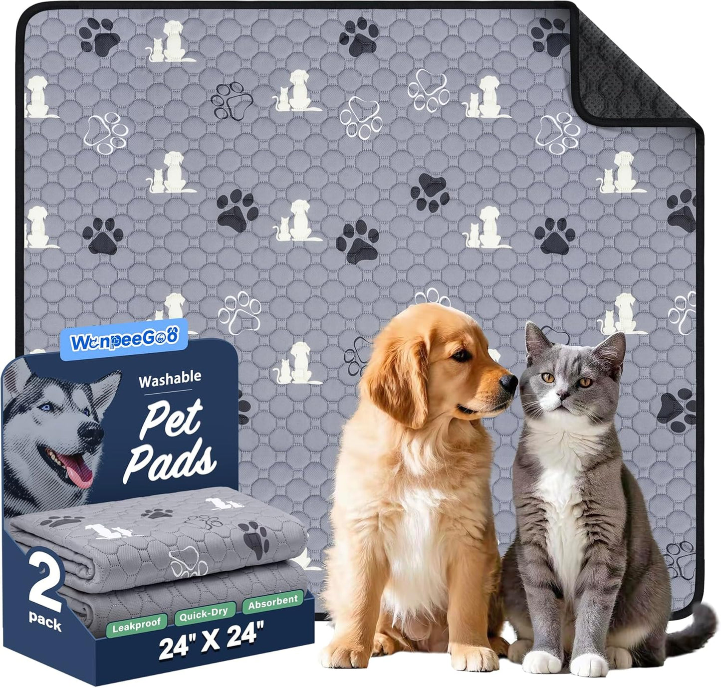 Washable Pee Pads, Puppy Pee Pad for Dogs, 2 Pack Absorbent Reusable Training Dog Pads Pet Puppy Pads, Non-Slip Potty Pads for Whelping, Playpen, Crate, Bed, Grey 24"x24"