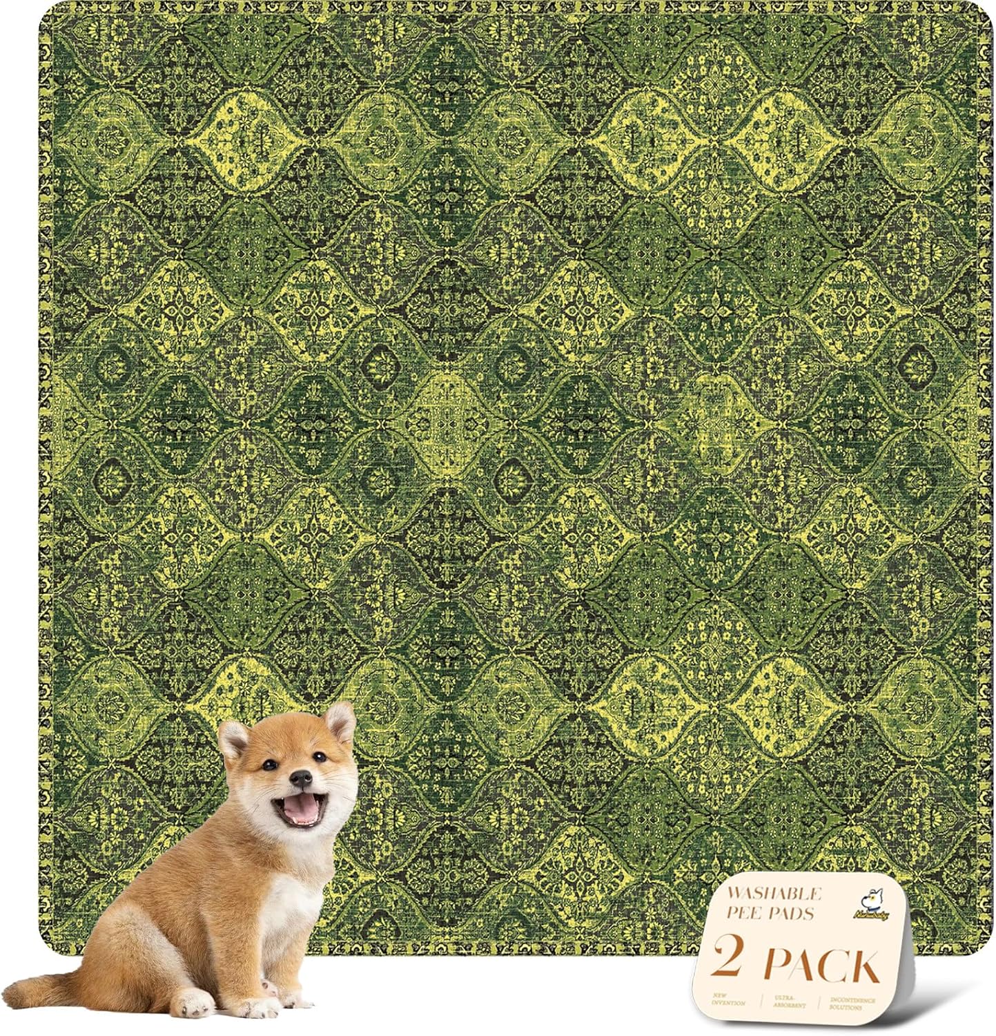 nunubaby Washable Pee Pads for Dogs, Stylish, Non-Slip and Leak-Proof Pee Pads. Reusable Potty Pads for Dogs for Crates and Floors.(Green/Multi, 48" x48")