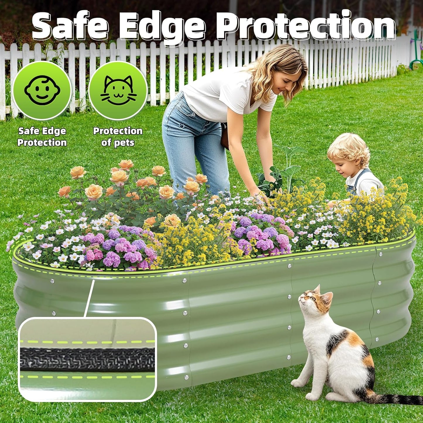G GOOD GAIN Galvanized Metal Raised Garden Bed Kit - 4x2x1FT Outdoor Planter Box with Safety Edging and Gloves for Vegetables, Fruits, Flowers(White, 2PC)