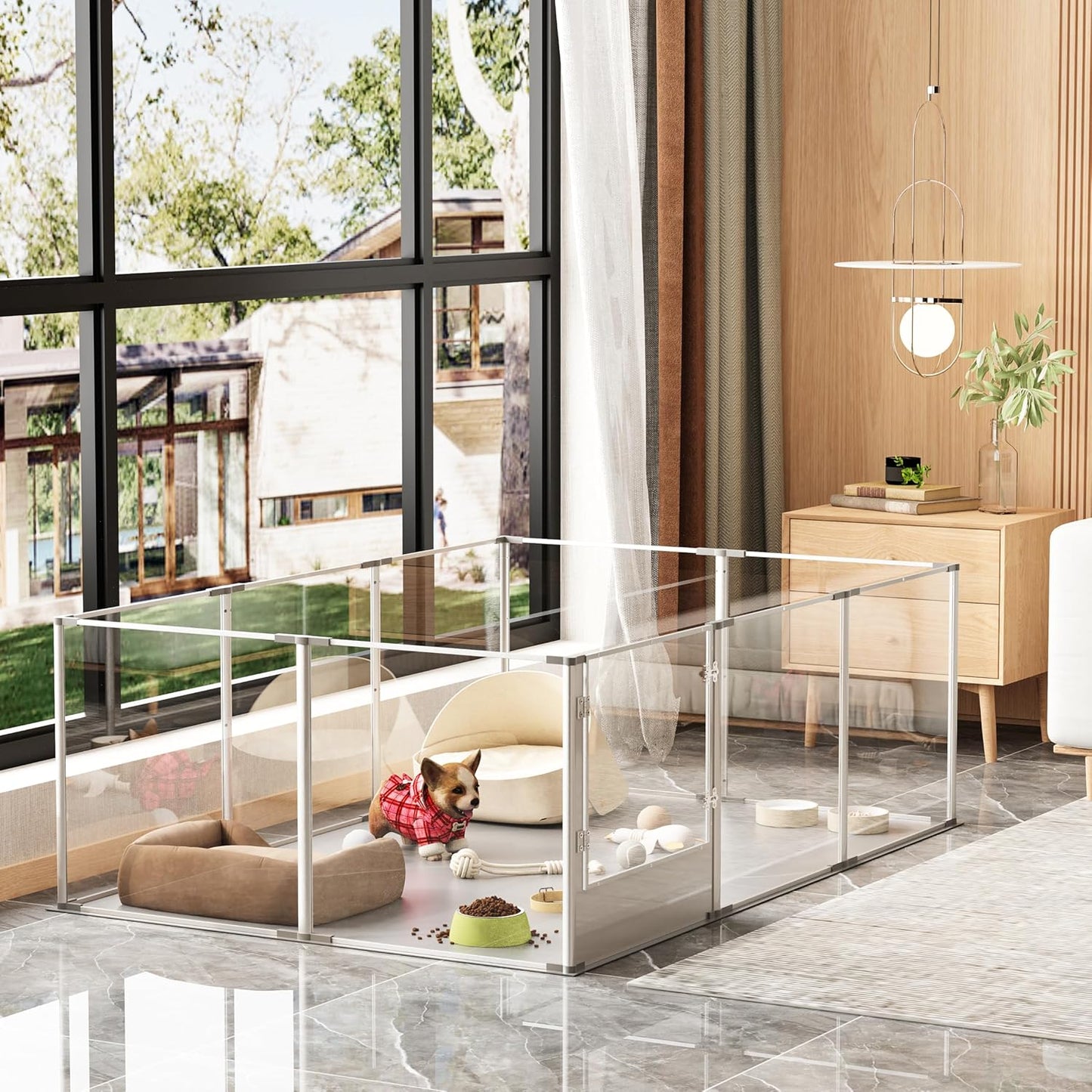 Dog Clear Playpen Fence Kennel: 10Panels Indoor Transparent Whelping Box Pen Cage with Waterproof whelping pad - Extra Long Acrylic Exercise Kennel with Metal Frame for Cats Puppy Rabbits Guinea Pig