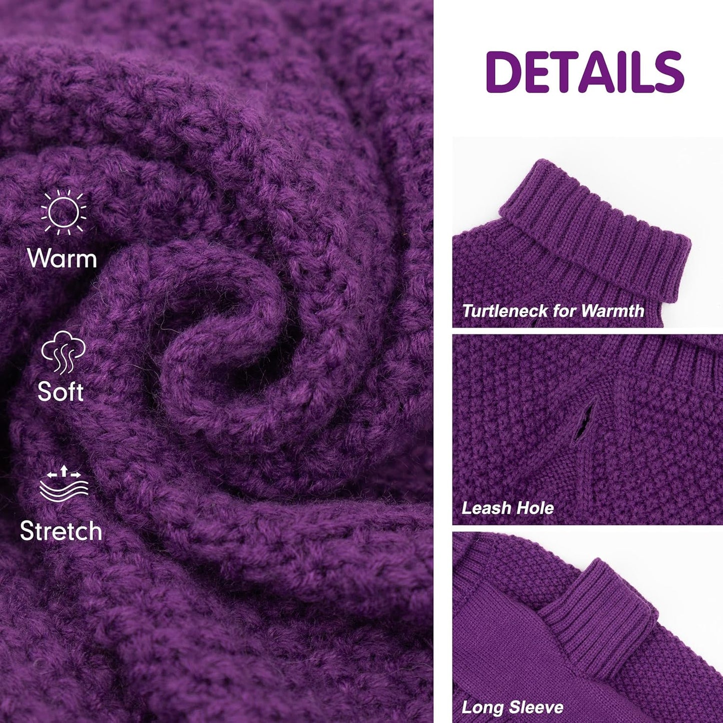 cyeollo Dog Sweater Pullover Turtleneck for Dogs, Classic Knitwear Fall Winter Cold Weather Dog Clothes Warm Pet Apparel Small Medium Large Dog Sweaters, Purple XL