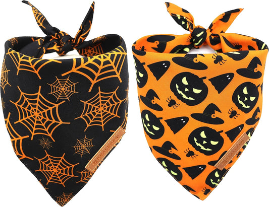 Realeaf Halloween Dog Bandanas 2 Pack, Pumpkin and Spider Web Bibs, Triangle Reversible Fall Pet Scarf, Premium Durable Fabric, Adjustable Fit (X-Large)