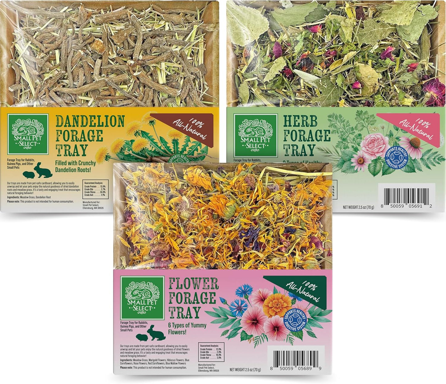 Small Pet Select Forage Tray Bundle, 3 Pack of Foraging Trays for Rabbit, Guinea Pig, Hamster or Bunny - Natural Treats, Dandelion, Flower, Herb Mix 2.5oz Each