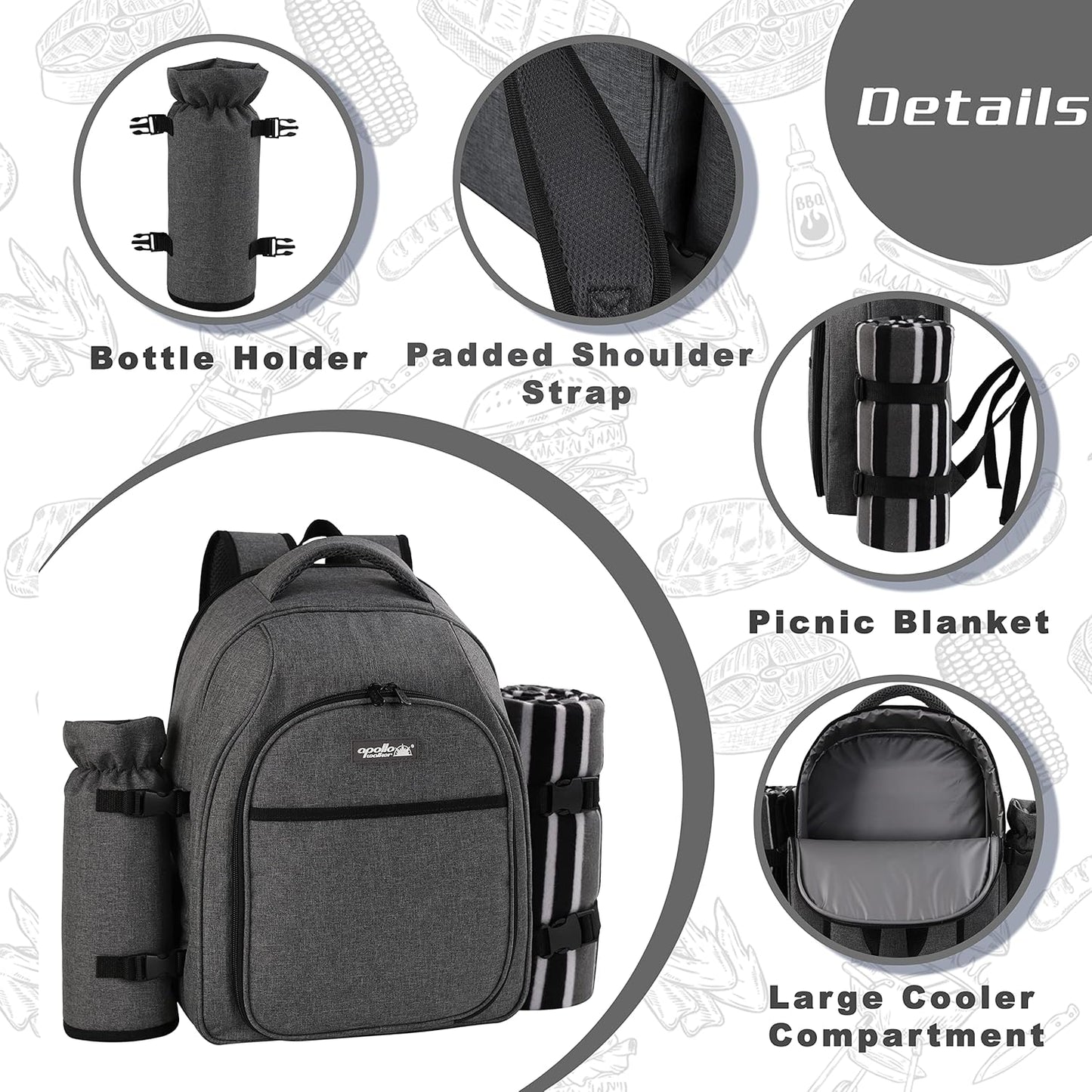 apollo walker Picnic Backpack Bag for 2 Person with Cooler Compartment, Detachable Bottle/Wine Holder, Fleece Blanket, Plates and Cutlery Set (2Person,Grey)