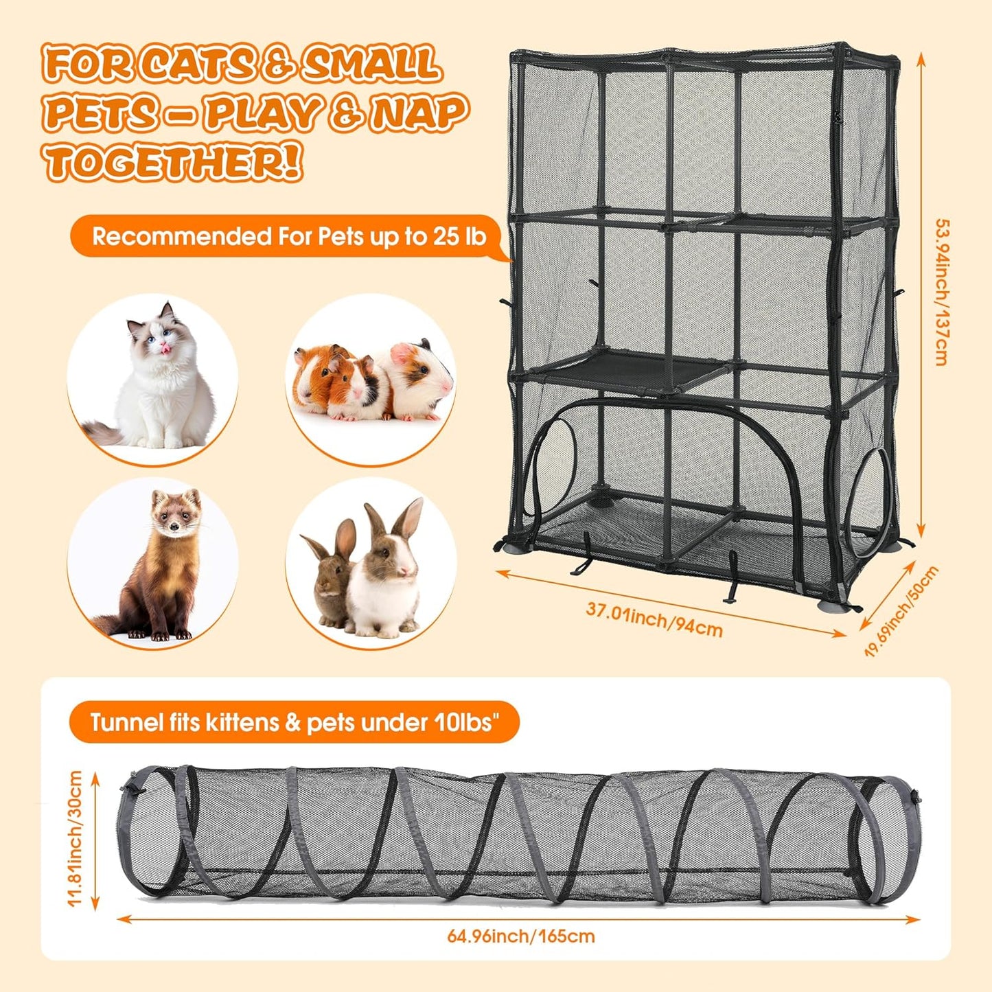 Catio Outdoor Cat Enclosure for Cats & Small Animals, Pet Playpen Cat Climber with Removable Pet Tunnel for Indoor/Outdoor Use
