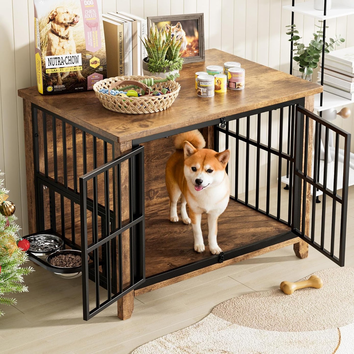 Lulive Dog Crate Furniture, Wooden Dog Kennel Indoor with Adjustable 360°& Height Dog Bowls, Double Doors Furniture Dog Crates End Table for Small/Medium 31.5" L*22.5" W*25.6" H, Brown