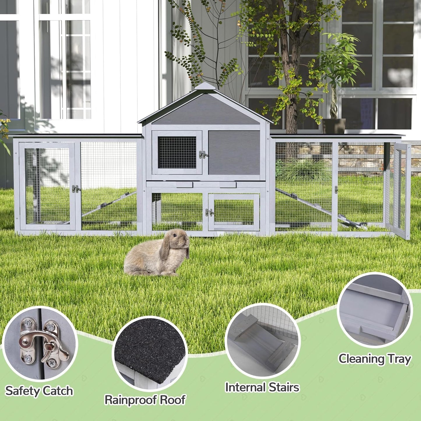 82.5” Large Wooden Rabbit Hutch Outdoor Easy to Assemble Rabbit Cage and Durable Bunny Hutch Indoor with Cleaning Tray & Waterproof Roof for Small and Medium Bunny Rabbit Chick (Grey)