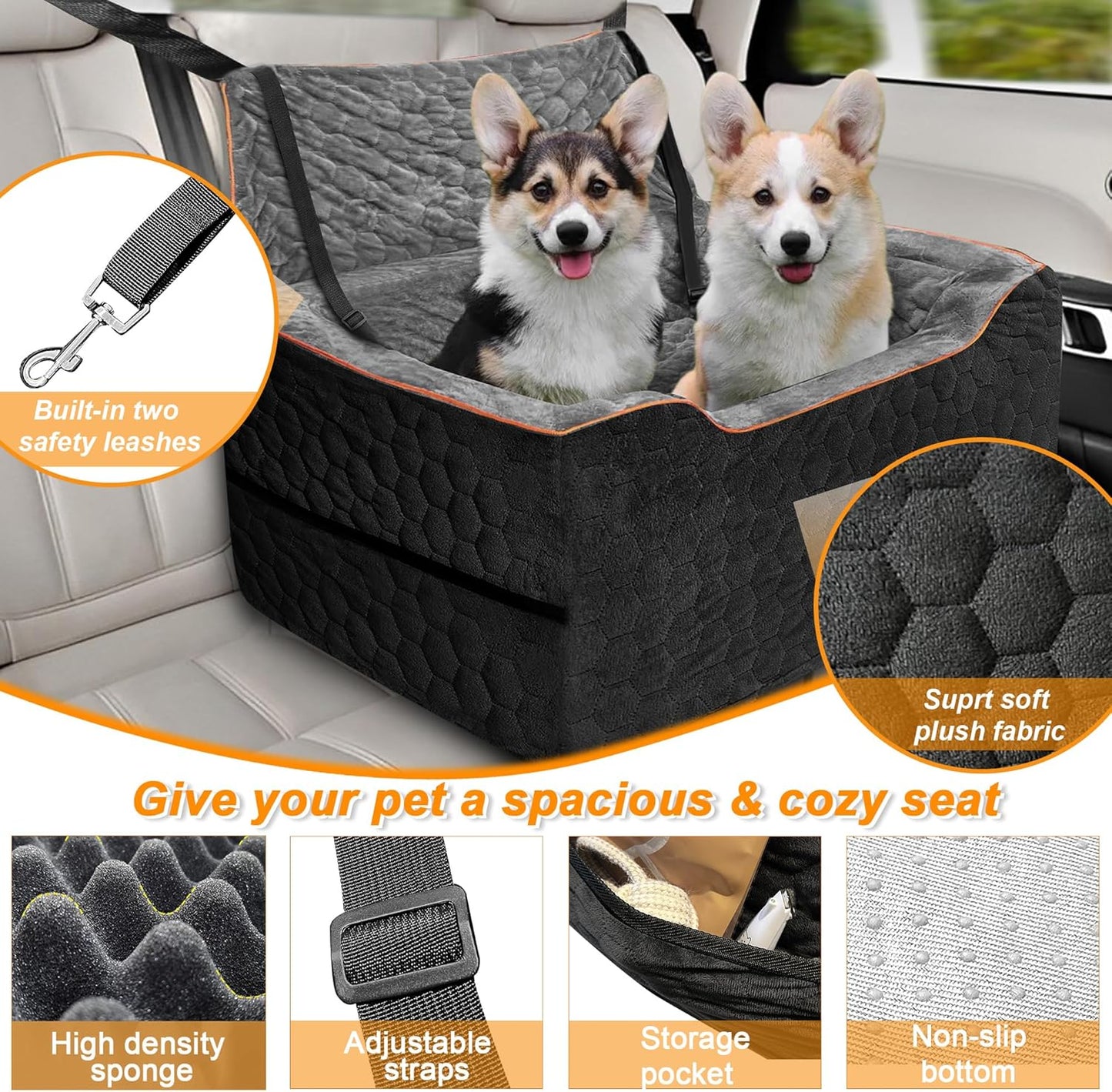 Dog Car Seat for Medium/Large Dog Booster Seat for Dogs Under 60 lbs or 2 Small Dogs, Multi-Functional Pet Car Seat with Thick Cushion, 2 Safety Leashes (BlackGray)