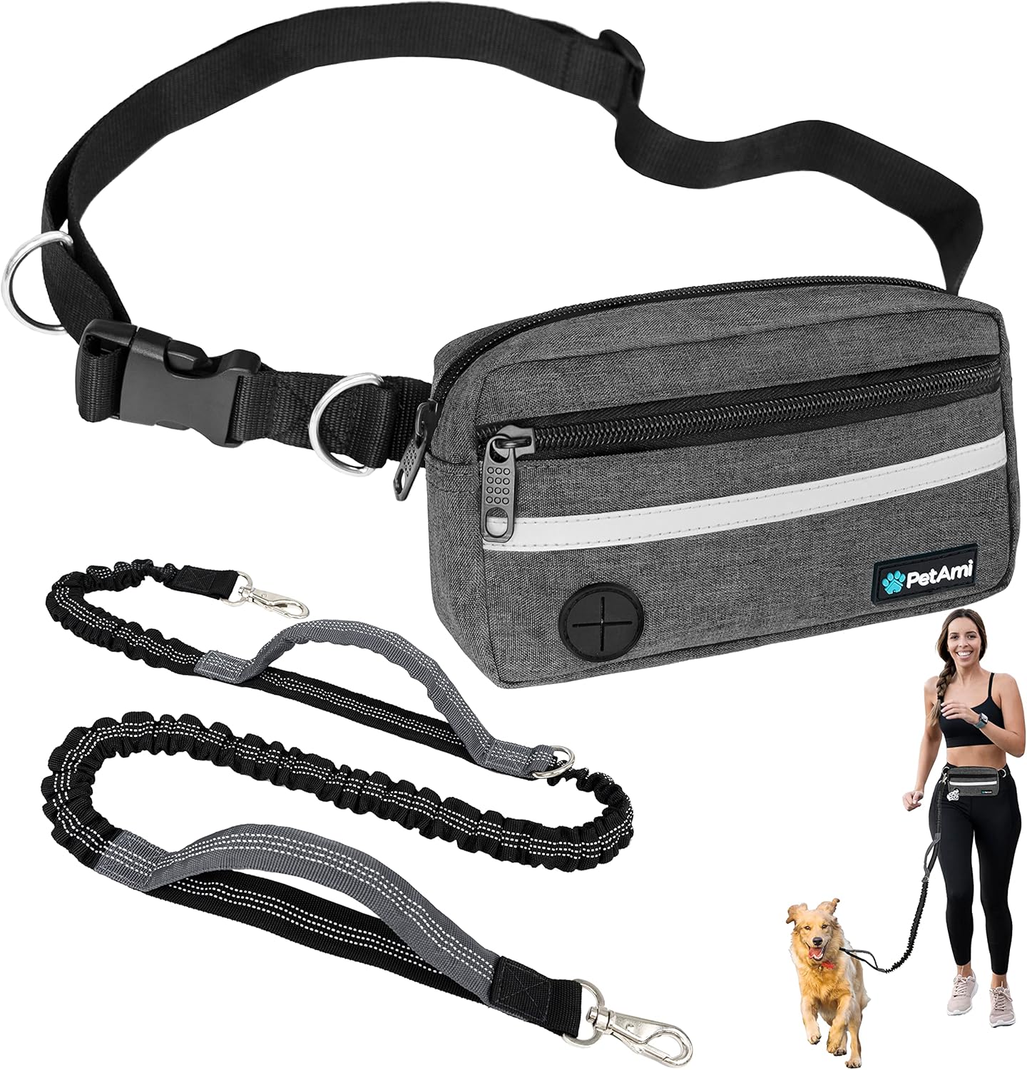 PetAmi Hands Free Dog Leash, Dog Running Leash Belt for Walking Jogging, Dog Waist Zipper Pouch Fanny Pack with Poop Bag Dispenser, Dual Padded Handle Bungee Leash for Small Medium Large Dogs, Double
