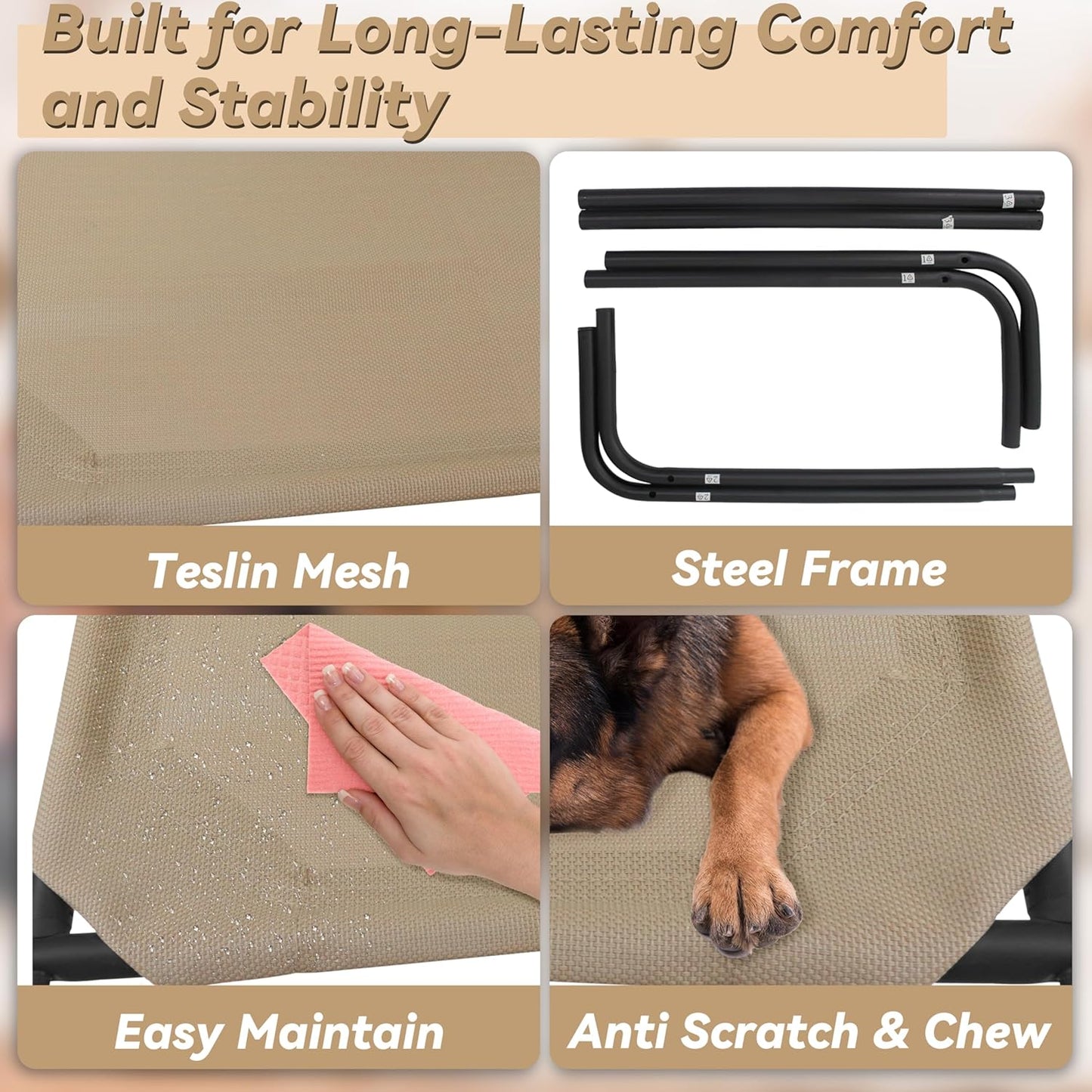 PHYEX Elevated Dog Bed for Large Dogs, Raised Dog Bed with Breathable Mesh, Non Slip, Easy to Clean, 50.5 Inches, Brown